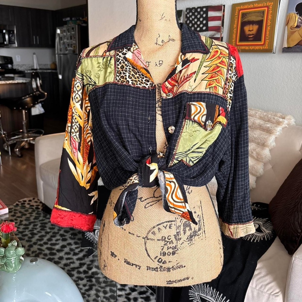 Vintage Mixed Print Art-to-Wear Button Up Shirt | Patchwork Top